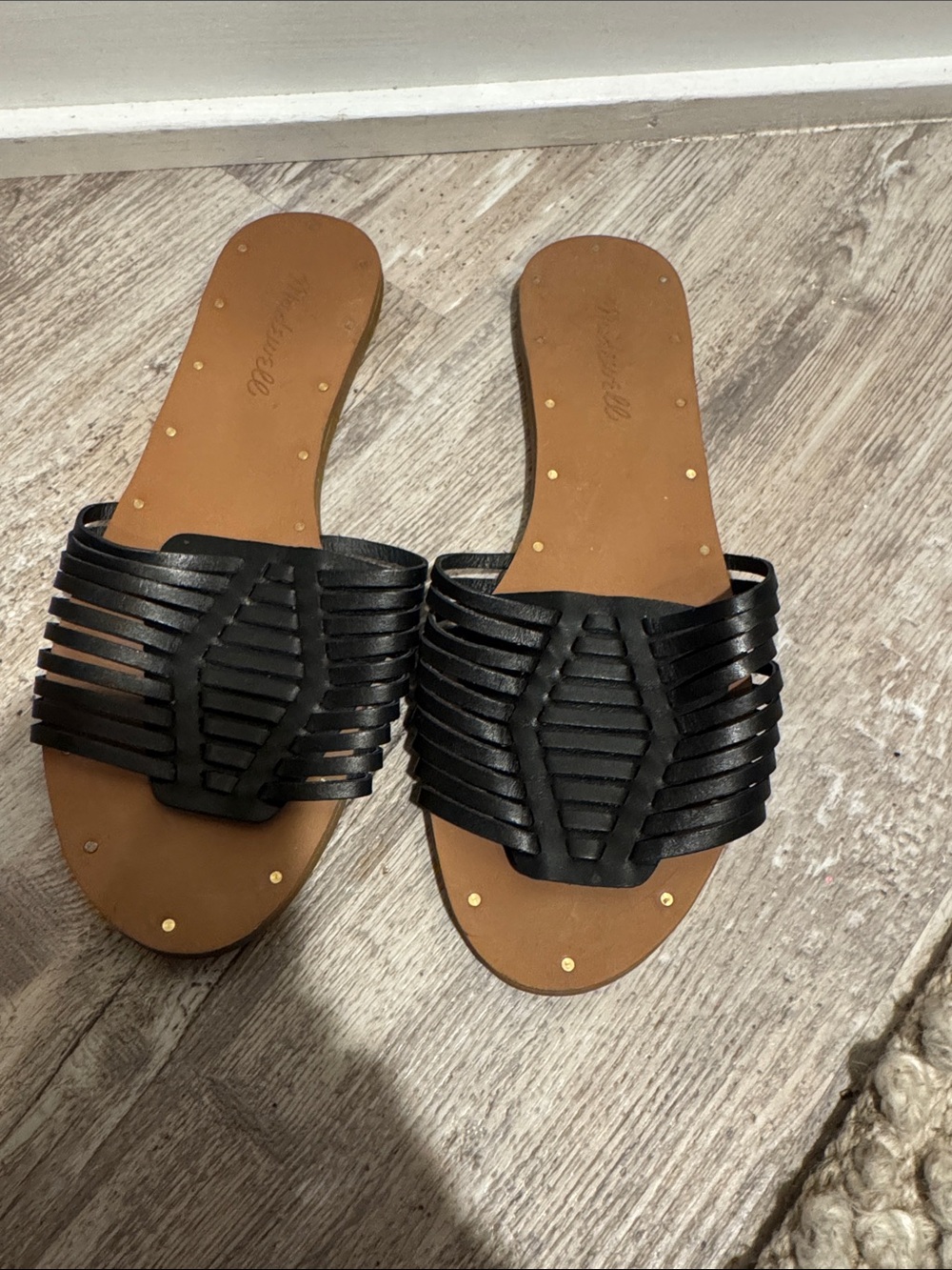 Madewell Black Strappy Slide Sandals with Tan Footbed
